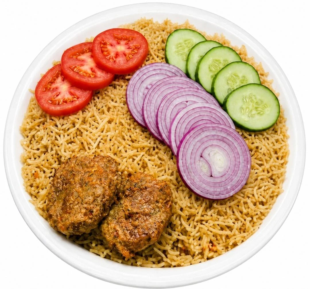 Pulao with kabab, cucumber, tomato and onion