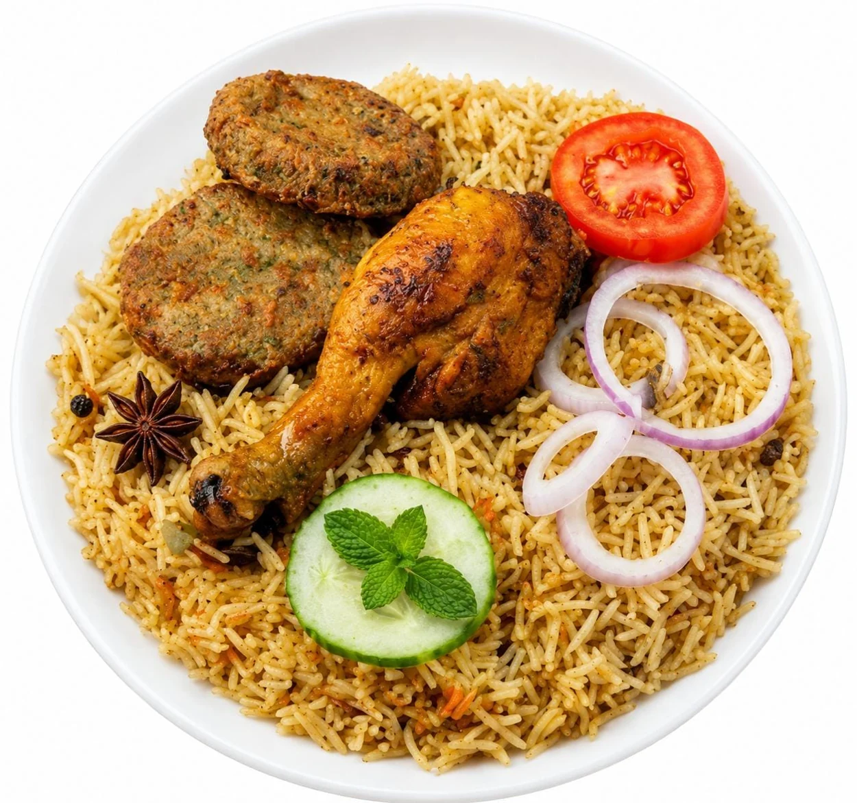 Chicken pulao with kabab and salad