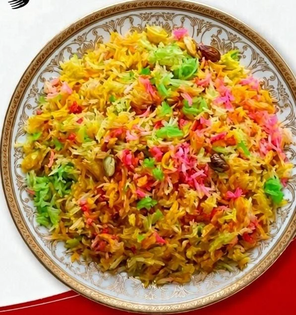 Colourful zarda served on a plate